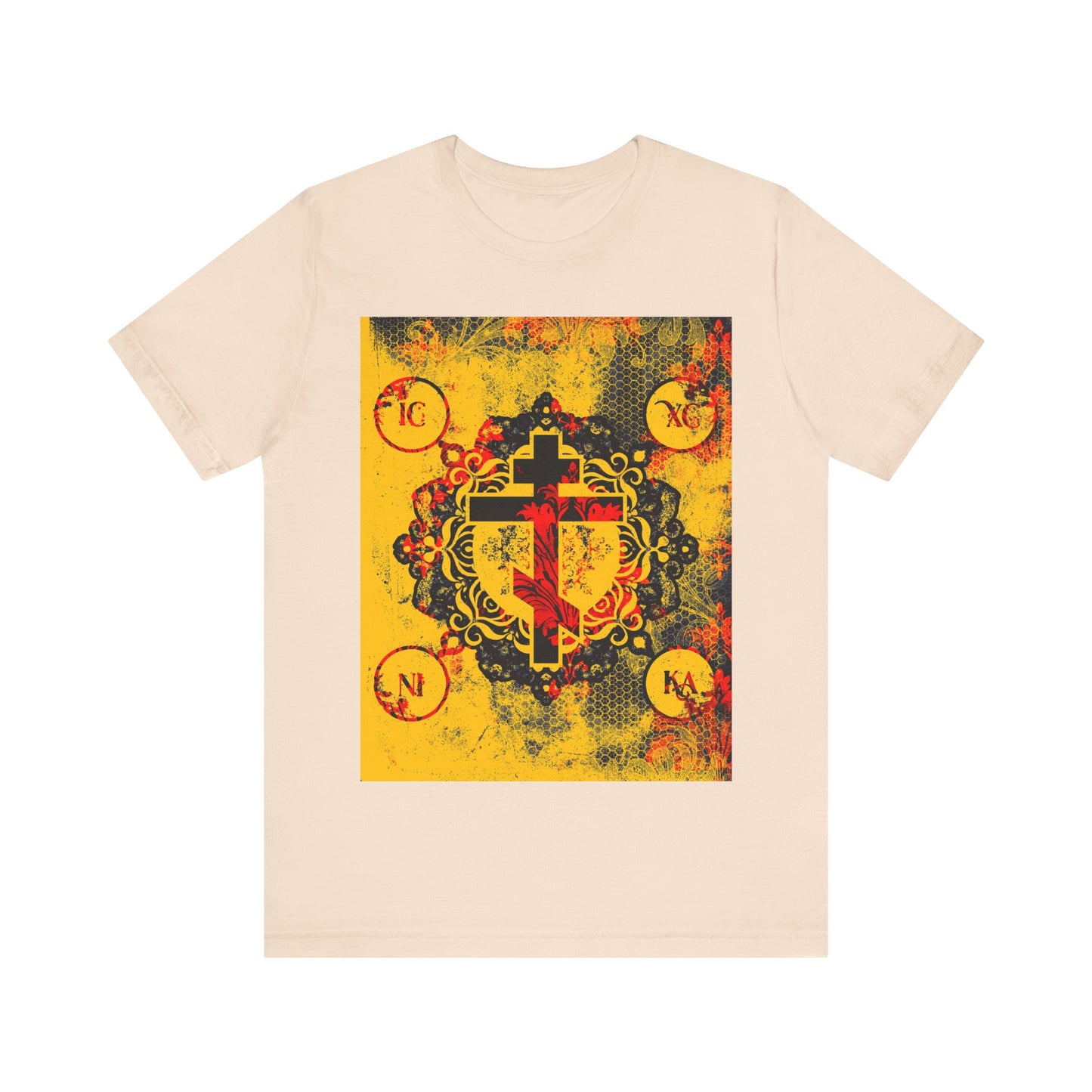 Soft Cream IC XC NIKA Orthodox Cross T-shirt with yellow and red modern and medieval textured floral design—a striking Orthodox Christian tee featuring a powerful cross graphic.