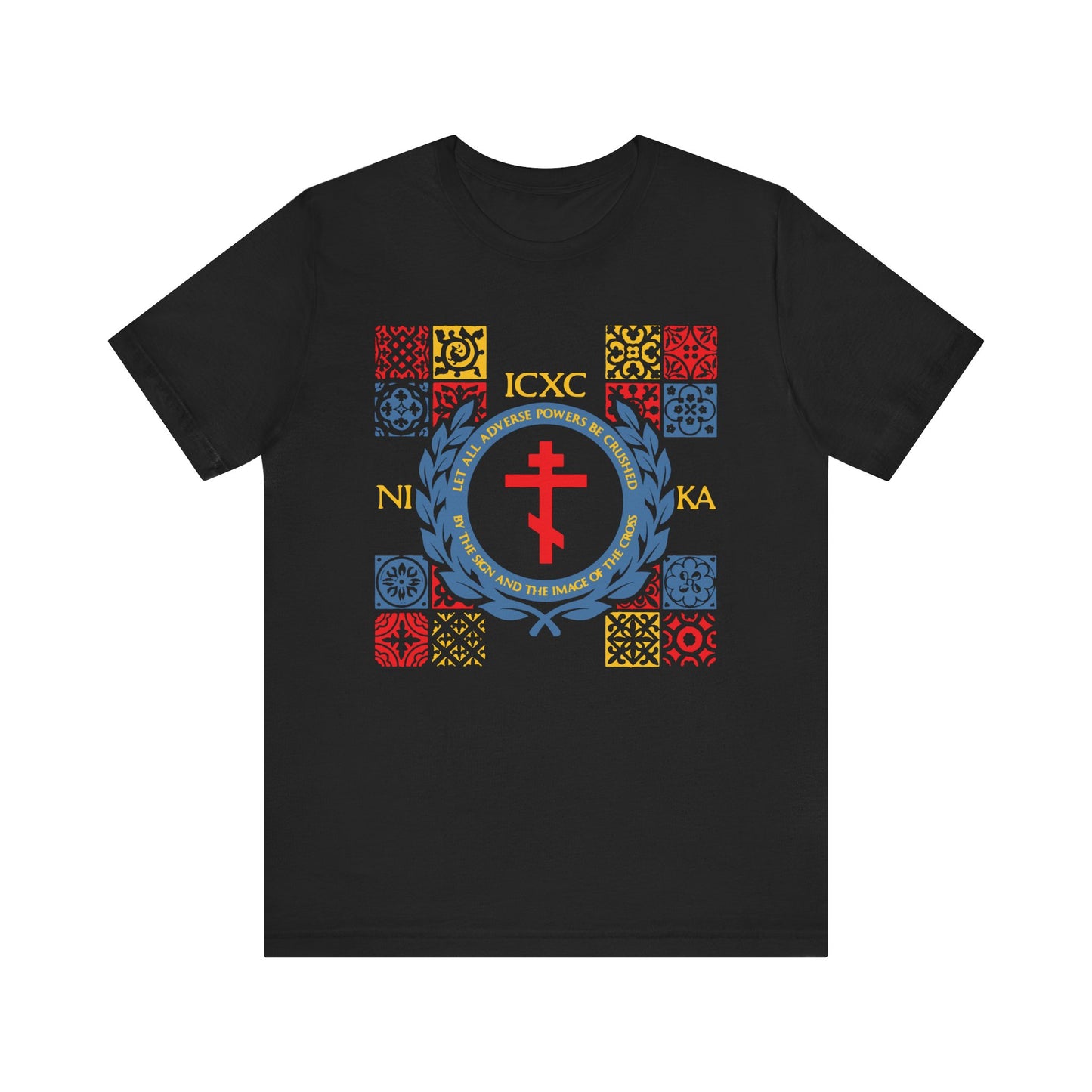 Black unisex “Let All Adverse Powers Be Crushed” t-shirt with red, yellow, and blue medieval tile design, ICXC NIKA Greek letters, and a reference to the Katavasia of the Cross—recalling Moses at the Red Sea—on lightweight cotton.