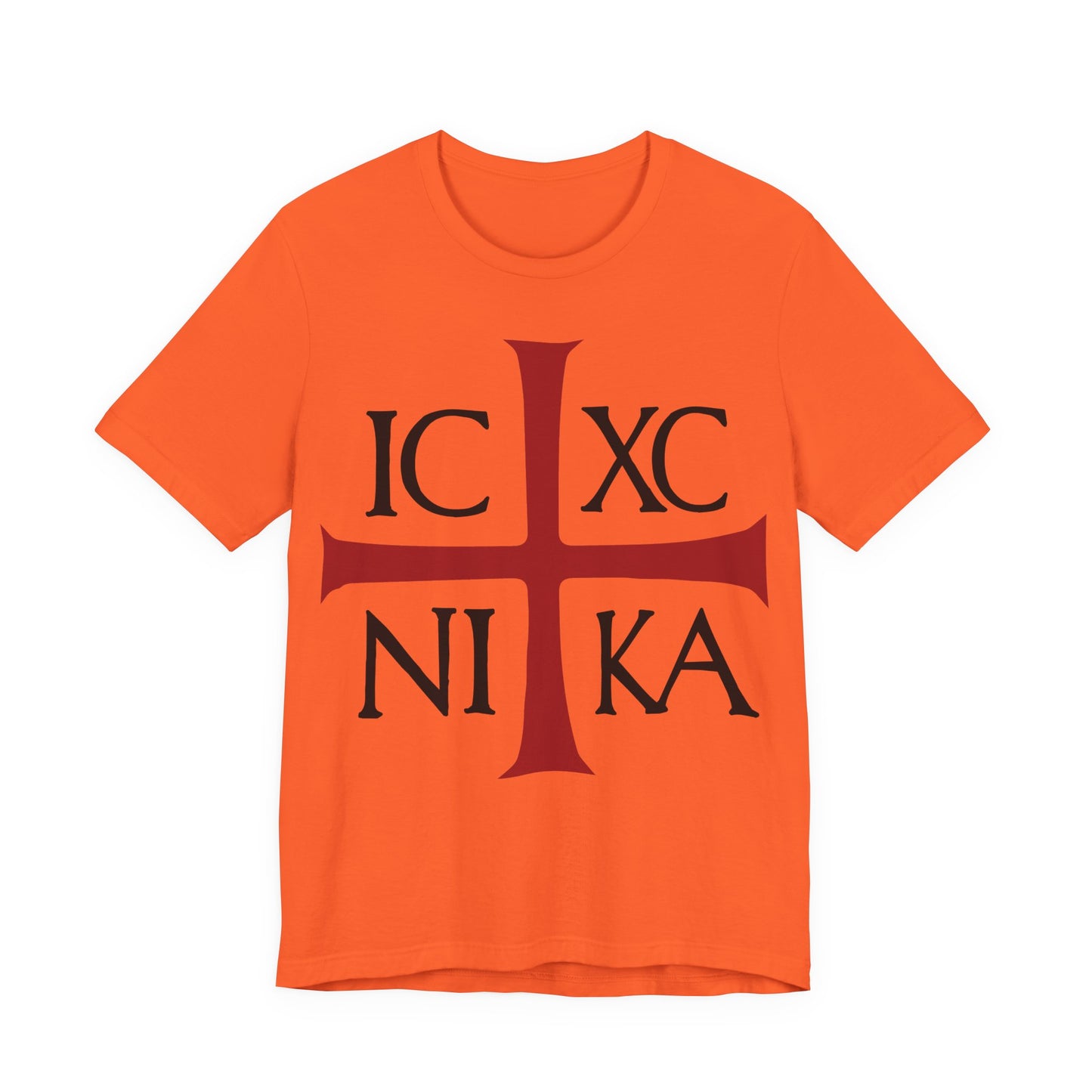 Orange ICXC NIKA Means Jesus Christ Conquers t-shirt with a red cross and black text, inspired by the ancient Byzantine Christogram—an Orthodox Christian reminder of victory in Jesus (Philippians 2:9-11).