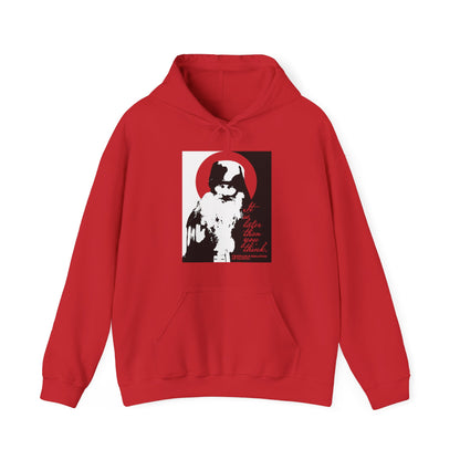 The "It's Later Than You Think" hoodie by Remembrance of Death features a bold black and white graphic of Fr. Seraphim Rose with a red sun, “Vietnam” and memento mori text—drawing on modern Orthodox themes of reflection and faith.