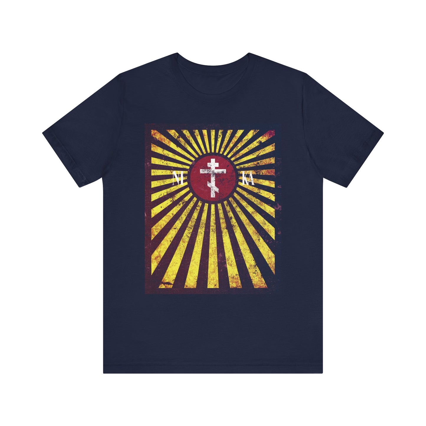 Navy NIKA Red Rising Sun Cross with Golden Rays T-shirt featuring a distressed textured flag design inspired by Orthodox Christian symbolism and St Paisios of Mount Athos. Lightweight cotton, unisex fit.