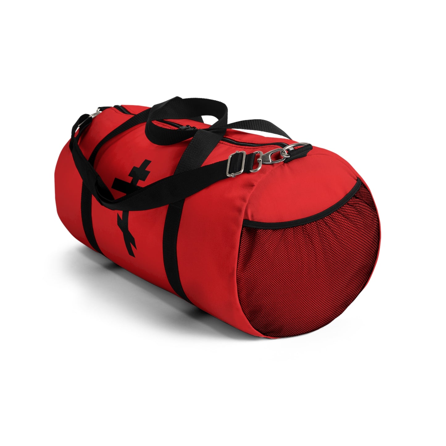 Black Orthodox Cross Red Background duffel bag featuring Galatians 6:14: "May I never boast, except in the cross of our Lord Jesus Christ." Sturdy black straps and mesh end pocket. Perfect for Orthodox Christian gym use.