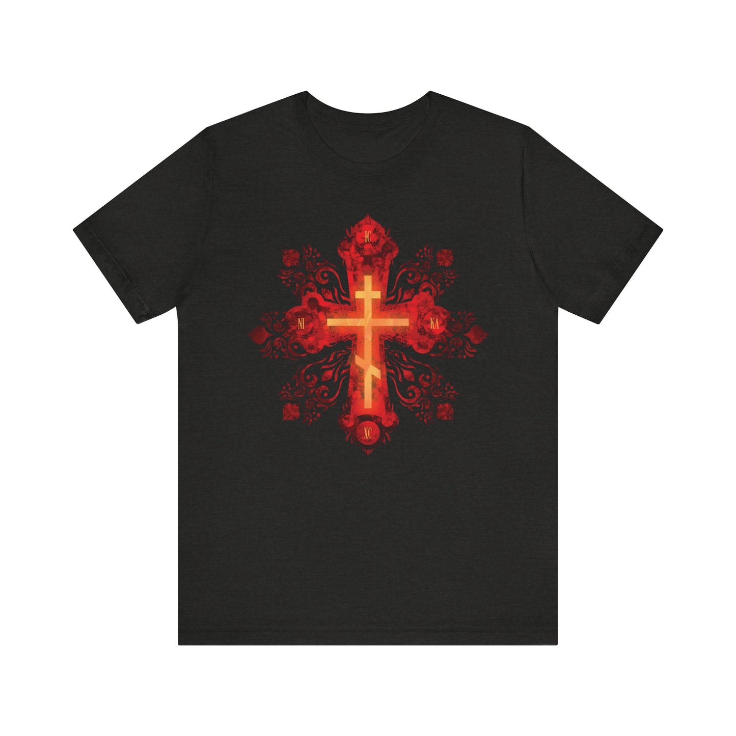 Black Heather tee featuring a red and gold ornate Russian-style Orthodox cross with “He was pierced for our transgressions”—a lightweight unisex shirt, perfect for Christian warriors seeking a heavenly connection.