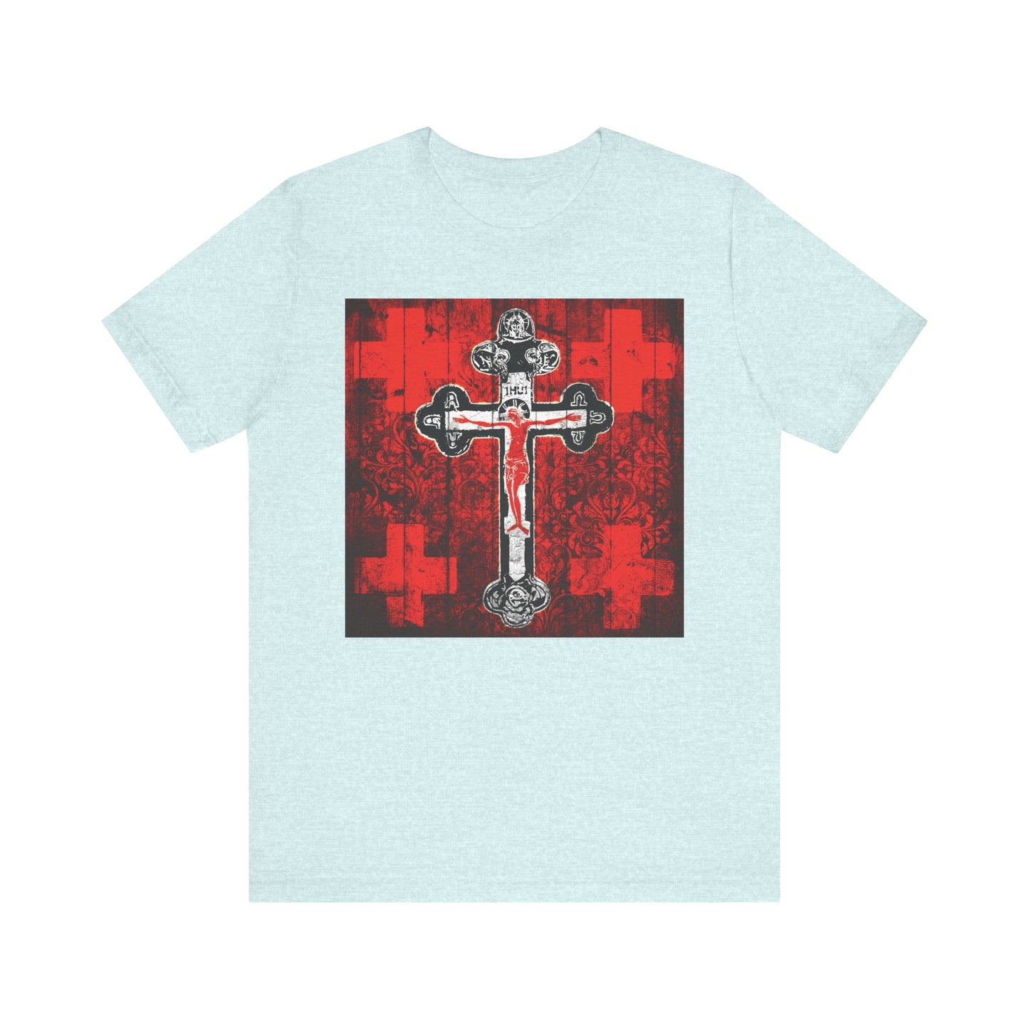 Heather Prism Ice Blue unisex tee featuring the Alpha & Omega Art Cross: Jesus Christ Crucifix Orthodox IconoGraphic in striking red, white, and black design. Lightweight cotton; Christian-themed.