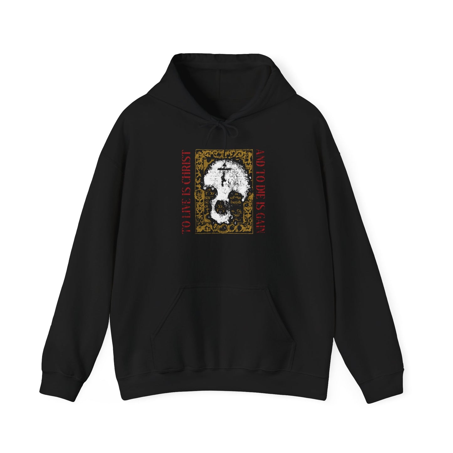 Black "To Live is Christ, to Die is Gain (Philippians 1:21)" Orthodox Christian hoodie featuring a striking white skull with cross design on a gold manuscript texture and bold red text—an inspiring statement of faith that Christ lives in you.