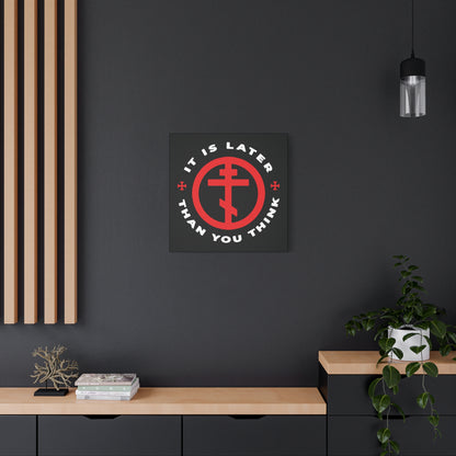 It Is Later Than You Think | Fr Seraphim Rose" wall art, featuring an Orthodox Cross in Circle and memento mori message, hangs above a modern cabinet, inspiring viewers to reflect and embrace the light.