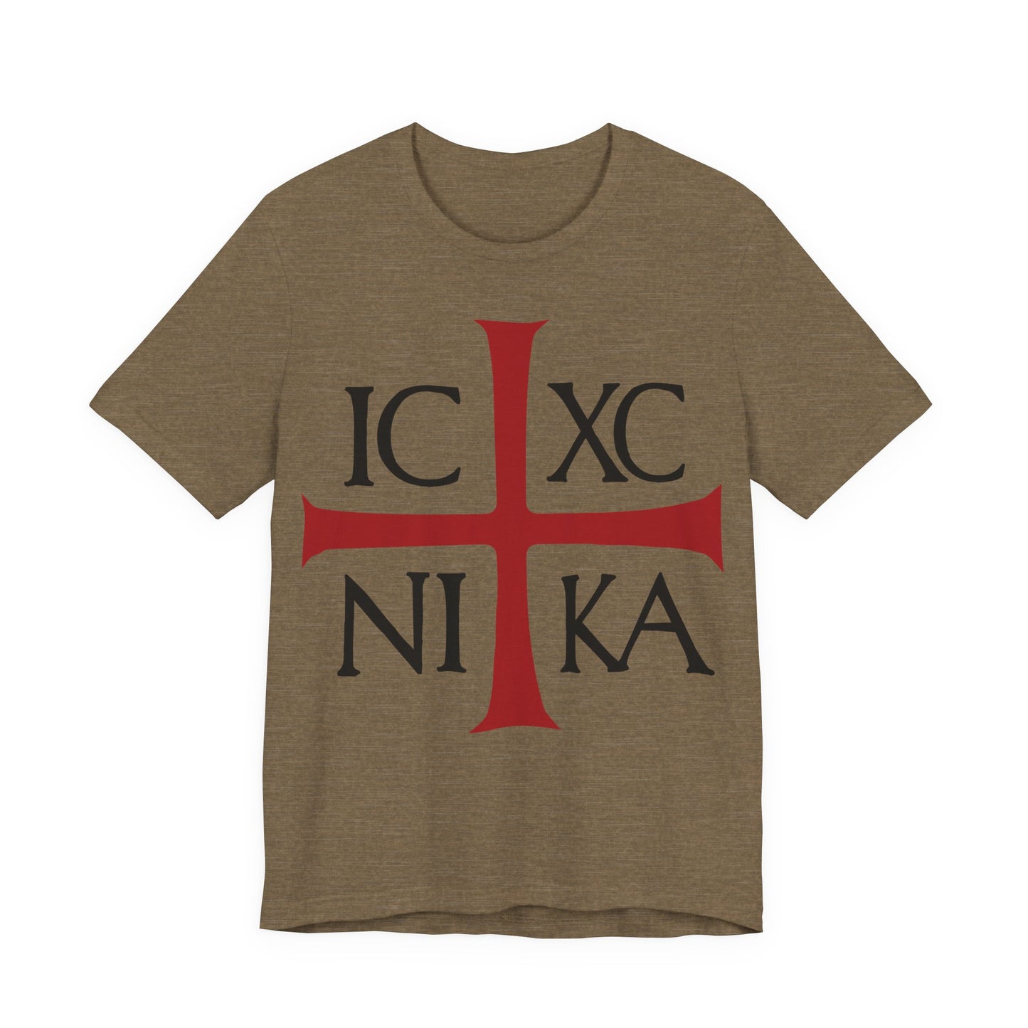 Heather olive t-shirt featuring a bold red cross and black ICXC NIKA (Jesus Christ Conquers), inspired by the ancient Byzantine Christogram—a powerful Orthodox Christian symbol, echoing Philippians 2:9-11.