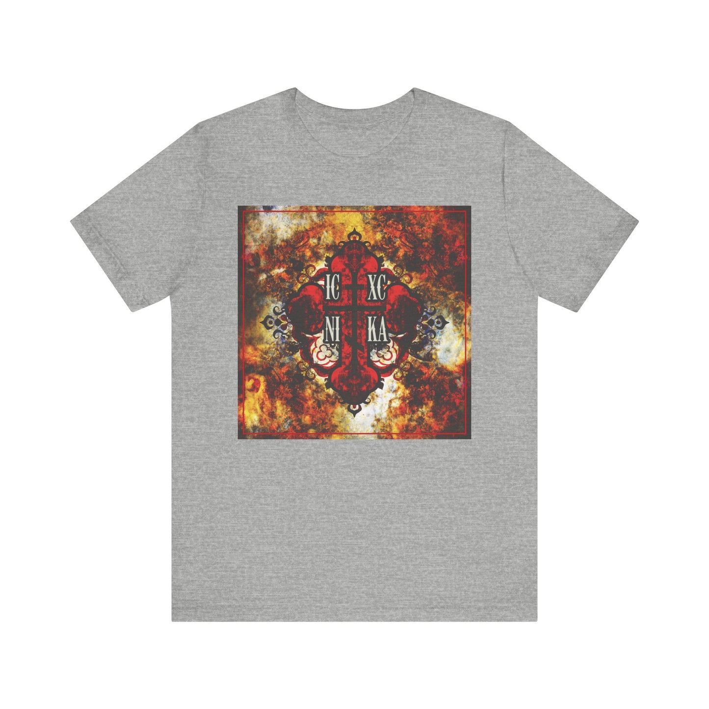 Athletic Heather ICXC NIKA Bold Colorful Textured Red Orthodox Cross Christian Lightweight Cotton Unisex Tee featuring a striking red Orthodox cross and Greek lettering on an abstract fiery background—designed to remind you, inspired by St. Ambrose of Optina’s teachings, to keep Jesus in your heart and guard your thoughts.