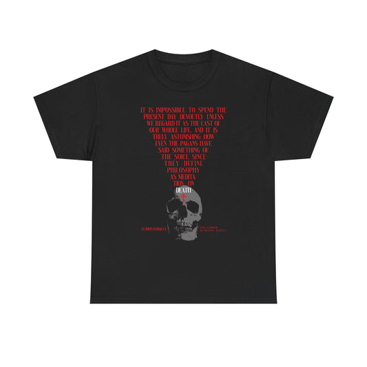 Black "The Present Day As the Last Day of Our Life" tee featuring a skull with a red Orthodox cross and St John Climacus-inspired memento mori quote in V-shaped red and white text. Unisex midweight cotton.