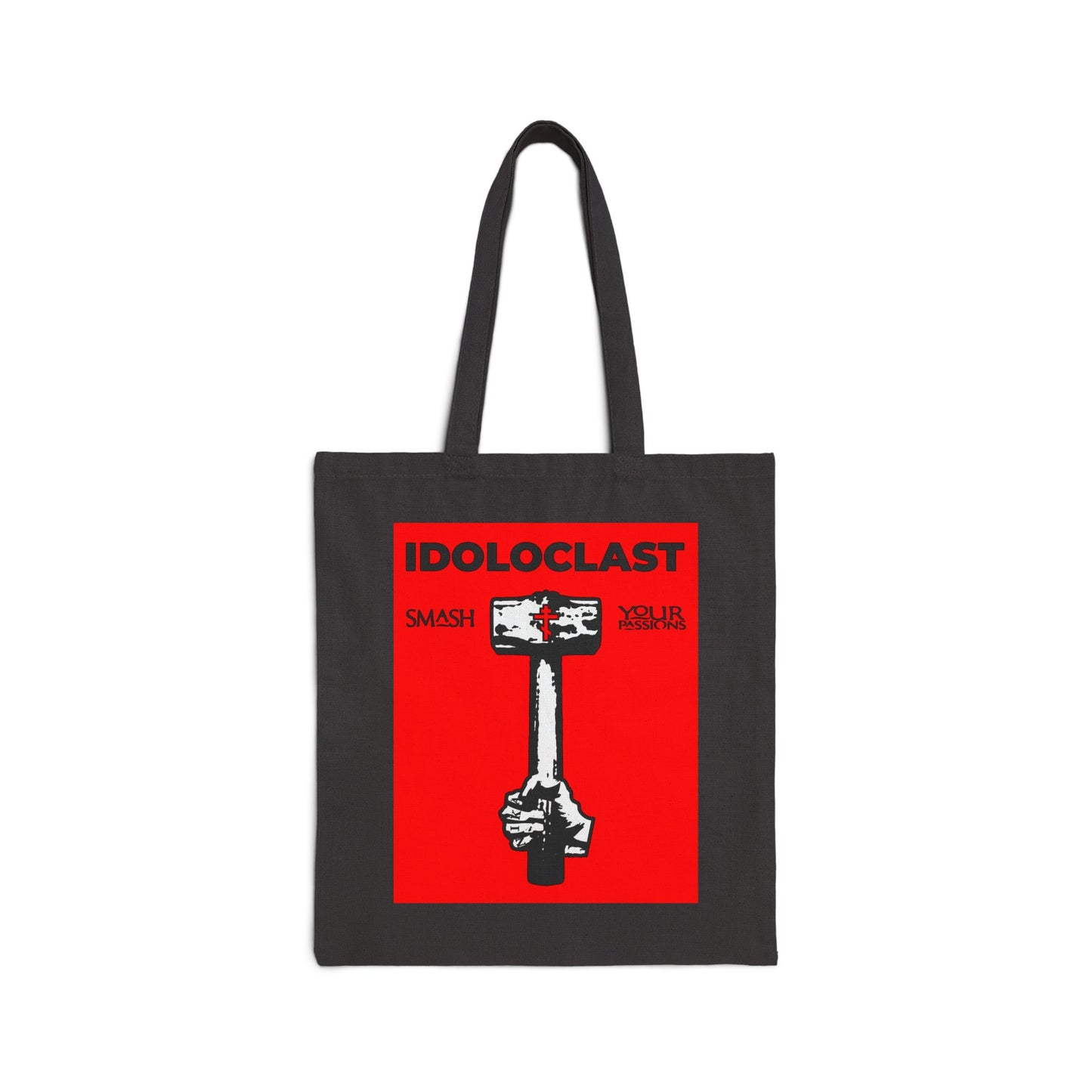 Idoloclast Idol-Smasher | Jesus NIKA Fist w/ Sledgehammer on Red Background | Smash Your Passions | Orthodox Christian Cotton Canvas Tote Bag