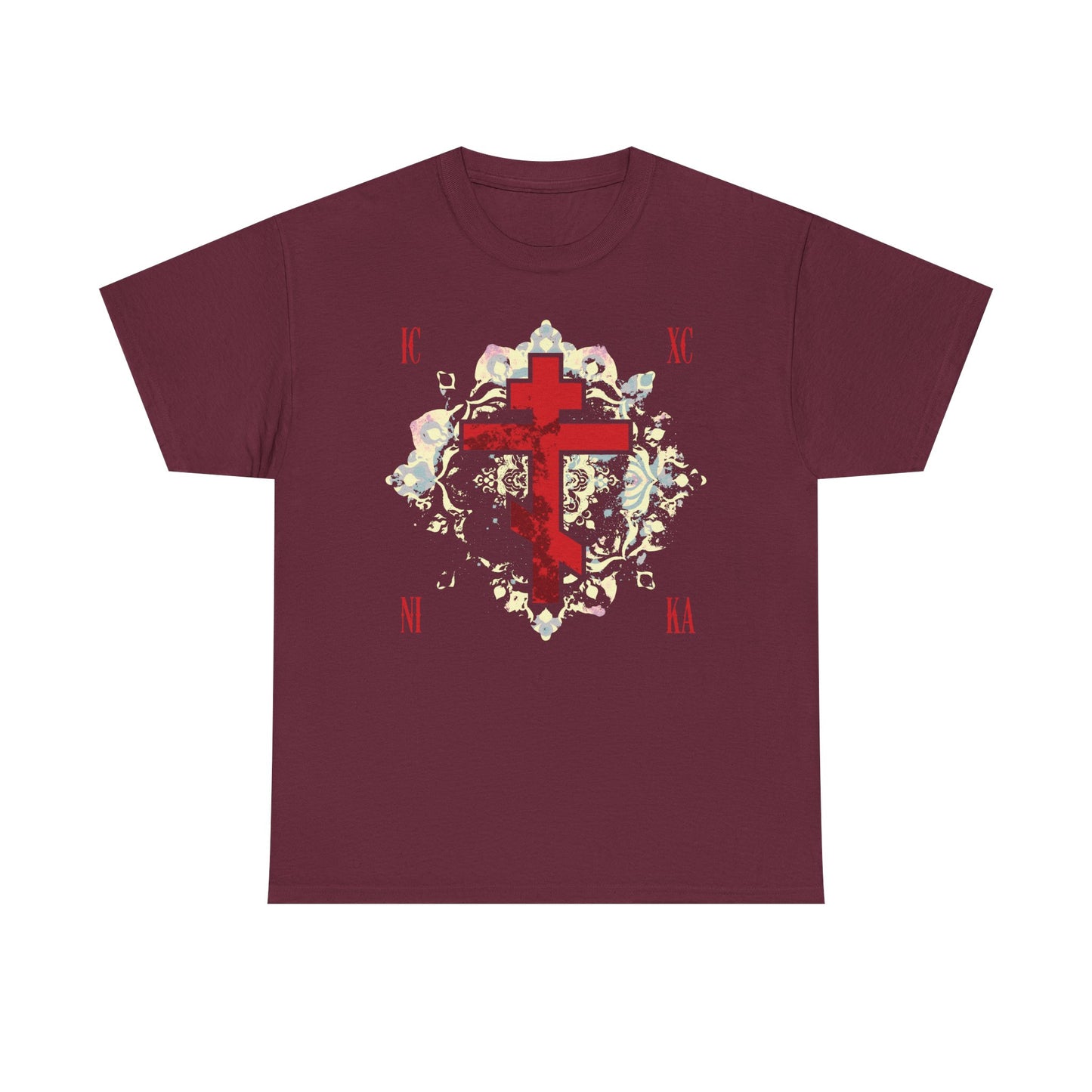 ICXC NIKA | Jesus Christ Conquers | Textured Red Orthodox Cross w/ Medieval Floral Background | Orthodox Midweight Cotton Unisex Tee
