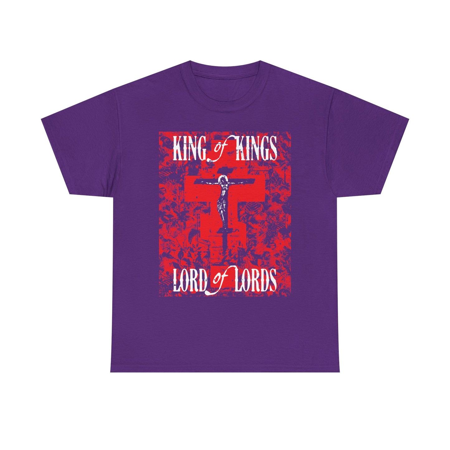 King of Kings, Lord of Lords | Christ Crucified Icono-Graphic | Red Cross Nature Texture w/ White Text | Midweight Cotton Unisex Tee