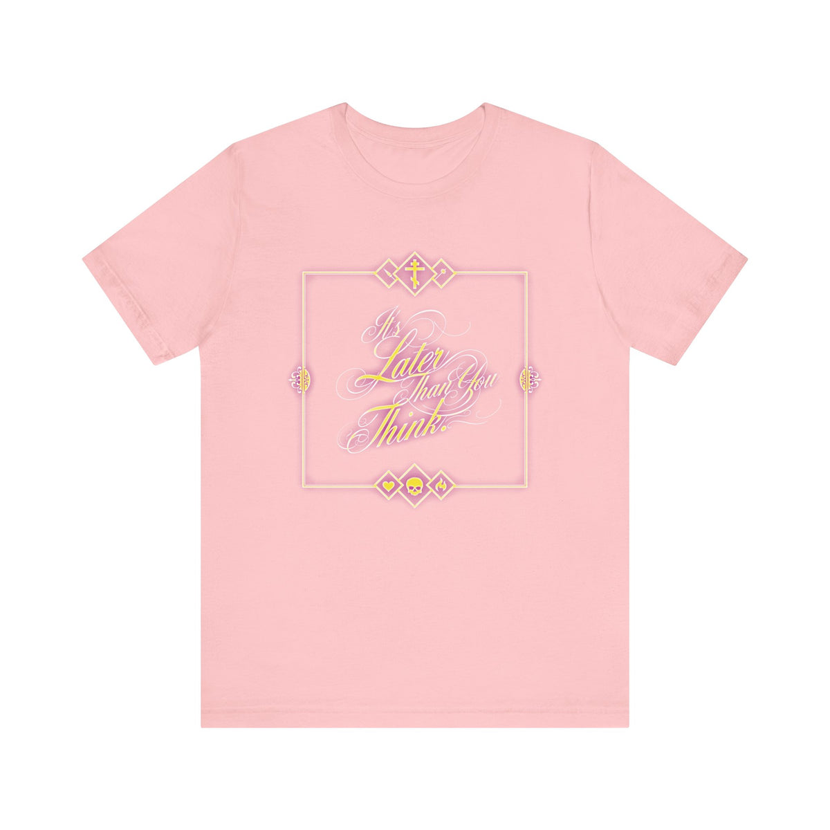 Wearing the "It’s Later Than You Think" lightweight pink cotton t-shirt, featuring glowing neon cursive typography inspired by Fr. Seraphim Rose and framed with ornate patterns, serves as a subtle Orthodox Christian reminder to reflect on mortality and contemplate one’s eternal destiny.
