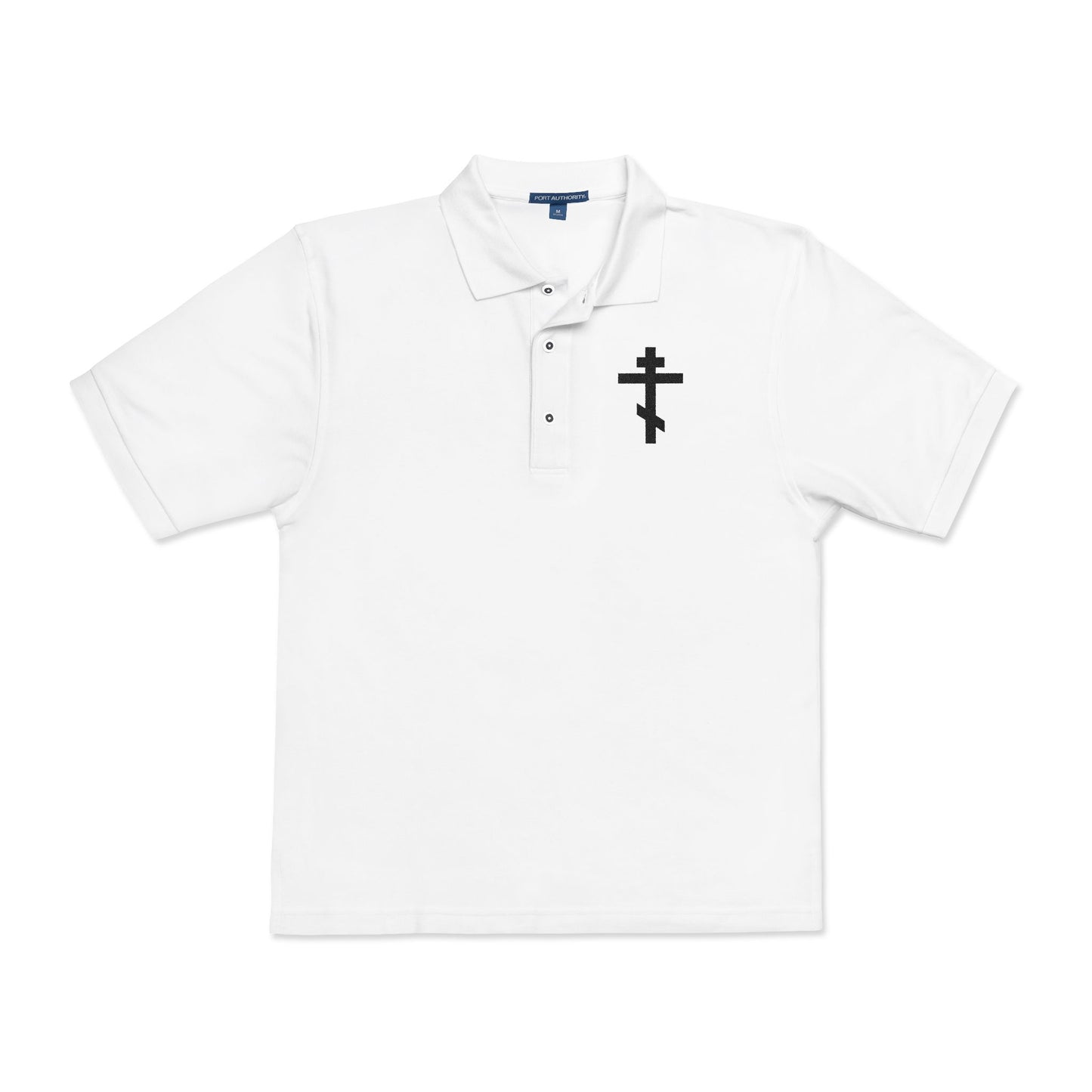 Embroidered Black Orthodox Cross | "May I never boast, except in the cross of our Lord Jesus Christ" (Gal 6:14) | Christian Polo Shirt