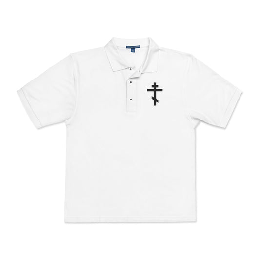 Embroidered Black Orthodox Cross | "May I never boast, except in the cross of our Lord Jesus Christ" (Gal 6:14) | Christian Polo Shirt