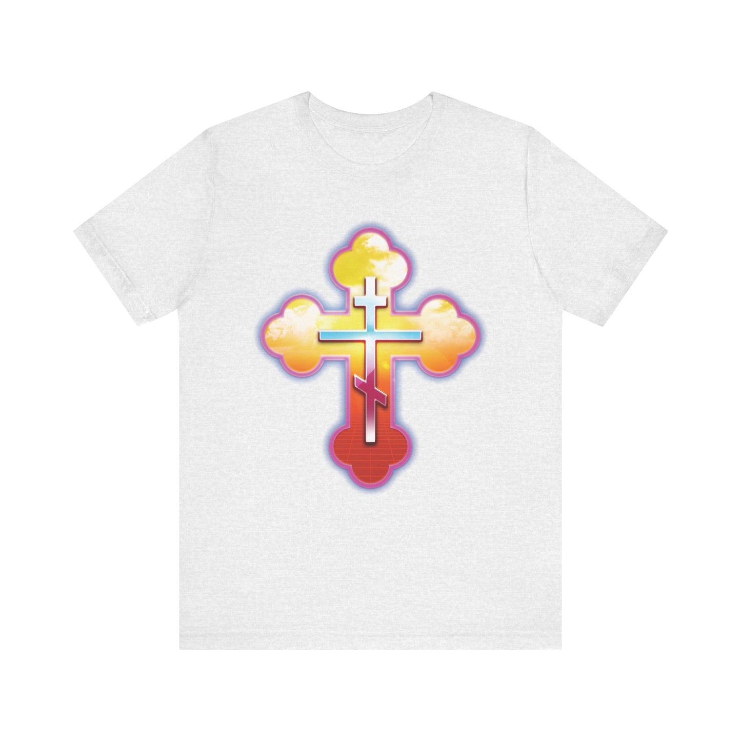 80s Synthwave Retrowave Outrun Aesthetic | Glowing & Reflective Gold & Red Three-Bar Cross | Lightweight Cotton Unisex Tee