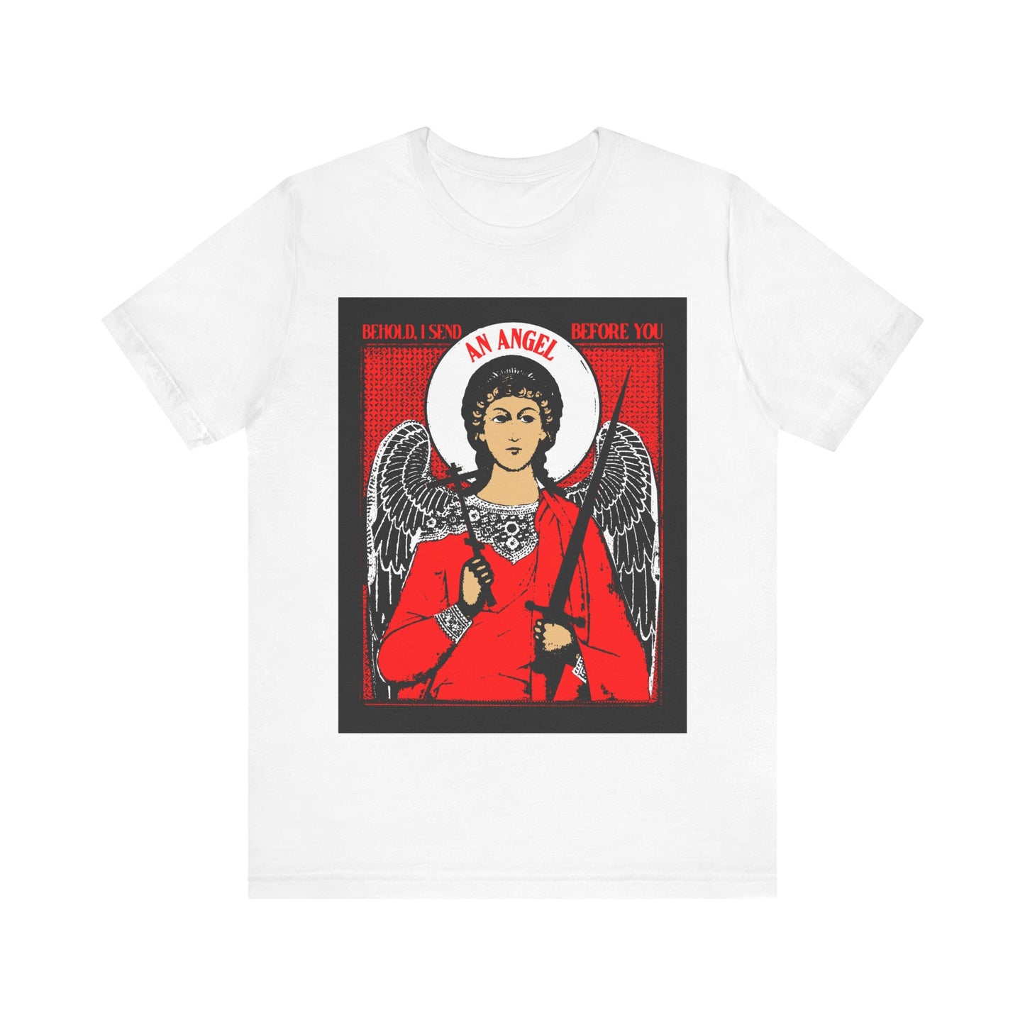 Behold, I Send an Angel Before You (Exodus 23:20) | Guardian Angel With Cross and Sword IconoGraphic | Orthodox Christian Cotton T-Shirt