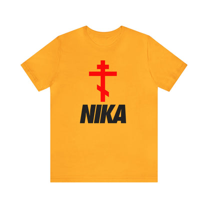 NIKA Red Orthodox Cross Black Text | Orthodox Christian T-Shirt