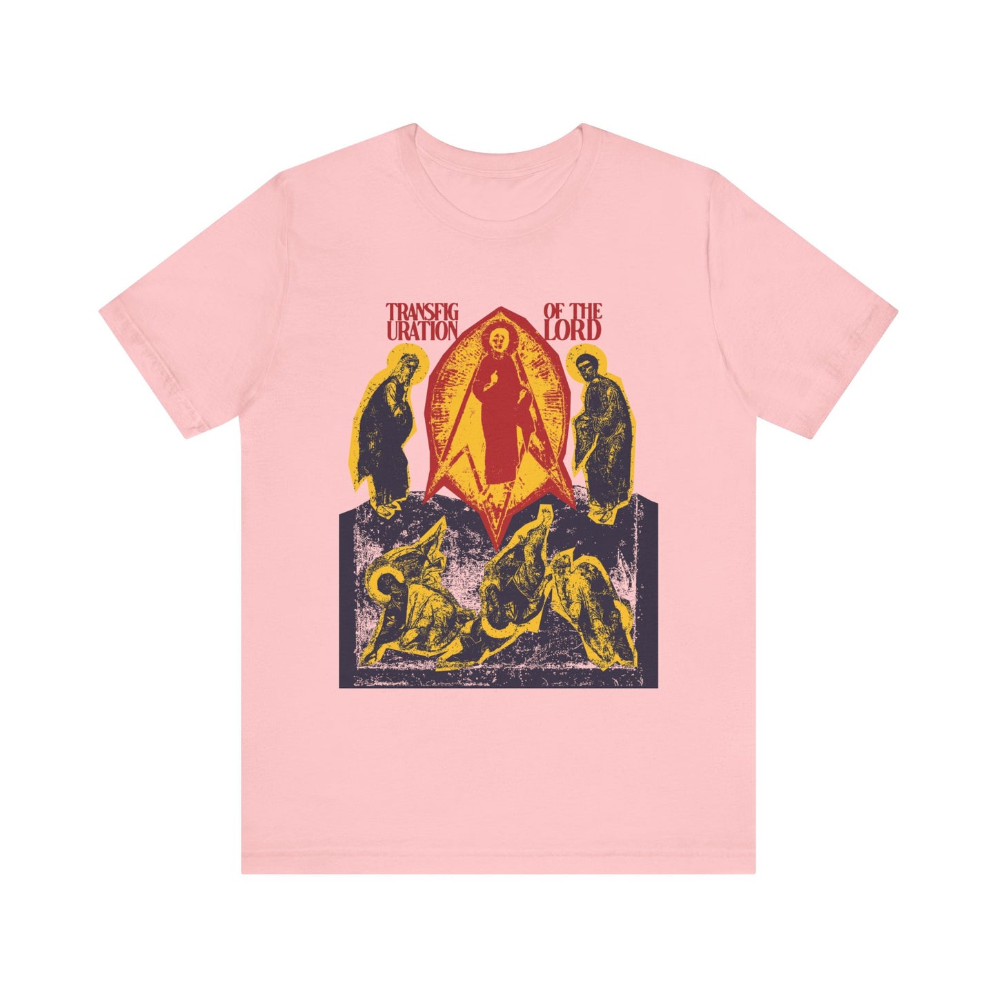 Pink Transfiguration of the Lord Icono-Graphic tee, featuring punk zine cut-out Orthodox Christian art, inspired by the Troparion of Transfiguration and teachings of St Ephraim the Syrian. Unisex lightweight cotton.