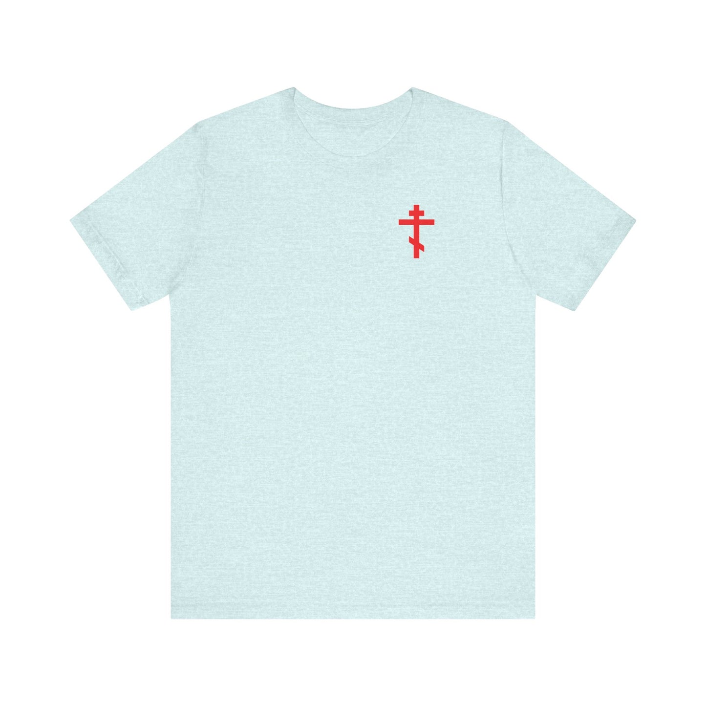 Heather Prism Ice Blue unisex tee with a red cross on the front left chest and Crown of Thorns graphic on the back, inspired by St John Climacus and the Orthodox theme "Always Live In Remembrance of Death.