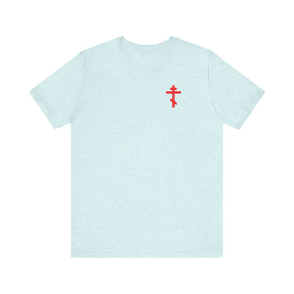 Heather Prism Ice Blue unisex tee with a red cross on the front left chest and Crown of Thorns graphic on the back, inspired by St John Climacus and the Orthodox theme "Always Live In Remembrance of Death.