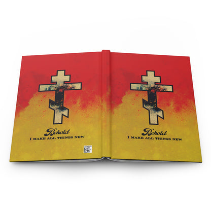 Behold, I Make All Things New (Rev 21:5) | Cosmic Orthodox Cross on Red and Yellow Background | Orthodox Christian Hardcover Journal