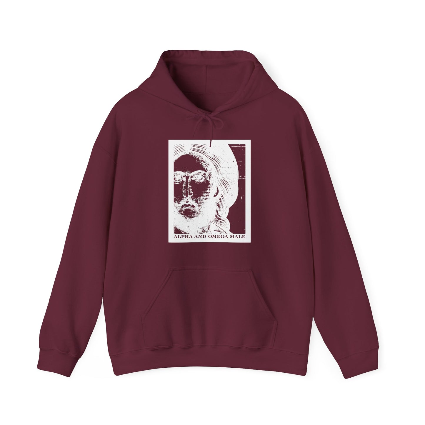 Maroon "Alpha & Omega Male" hoodie featuring a Jesus Christ photonegative graphic and "I am the Beginning & the End (Rev 22)"—a bold Orthodox Christian cotton/poly blend for those inspired by faith.