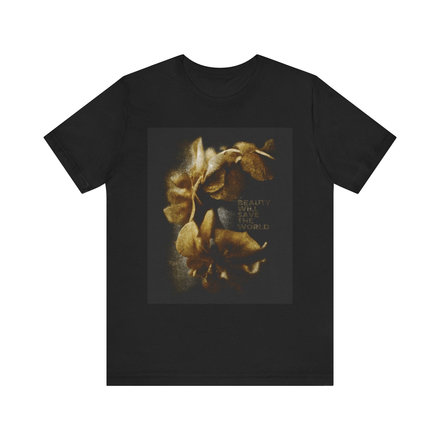 Black unisex cotton tee featuring "Beauty Will Save the World"—Dostoevsky. Photographic artwork glorifying Jesus Christ, Universal Creator & King. Unique leaf design on black fabric.