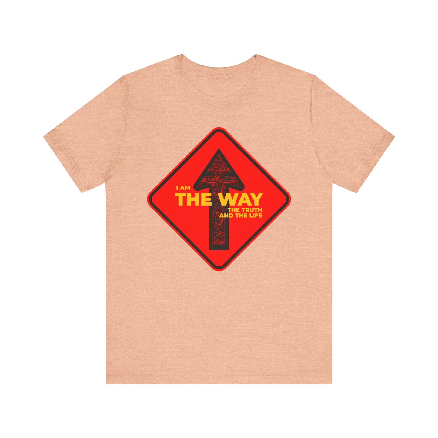 The Heather Peach "I Am the Way, the Truth and the Life" tee features a street sign one-way arrow crucifix design—a lightweight cotton unisex shirt ideal for expressing Orthodox Christian faith and Christ’s message.