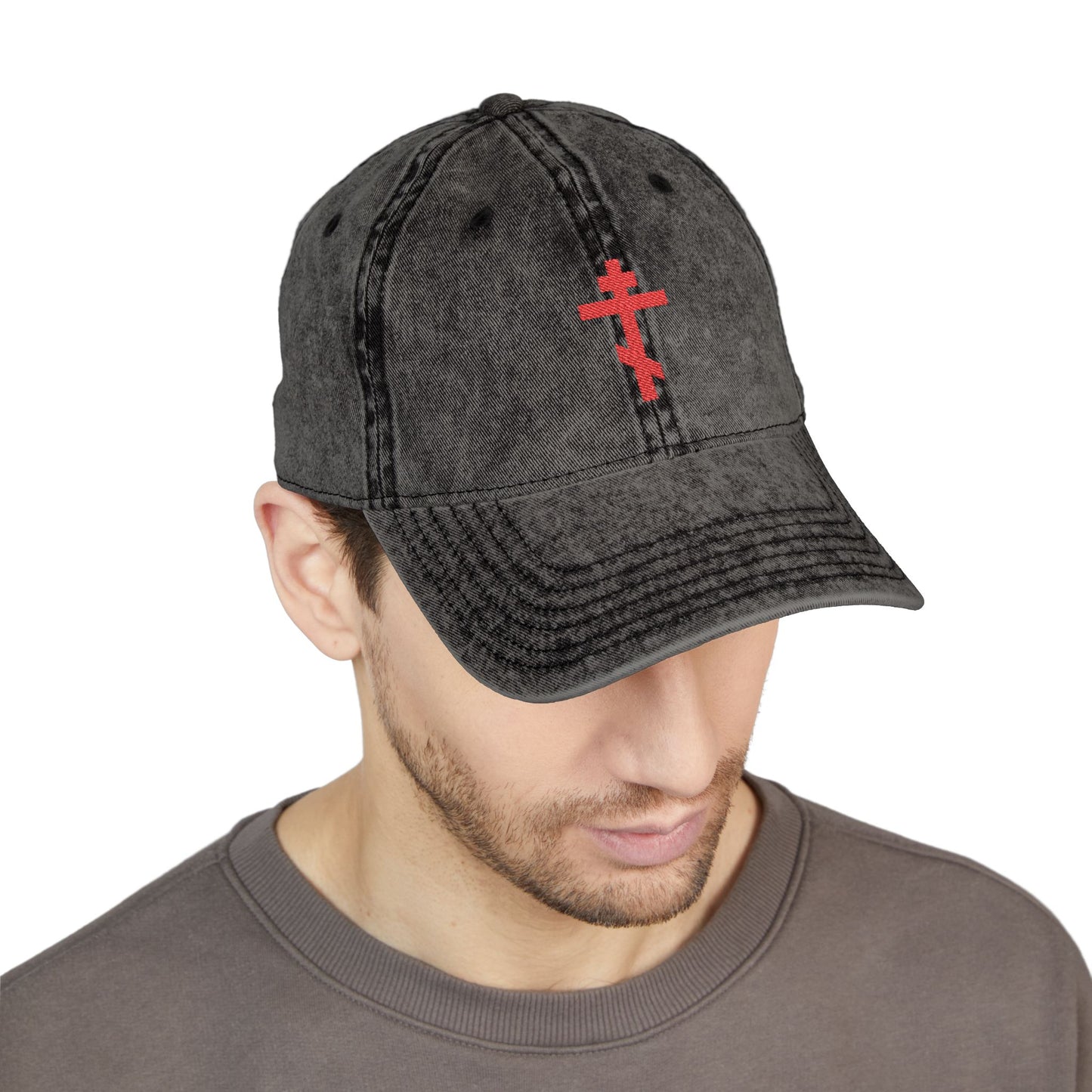 Simple Red-Orange Orthodox TriBar Cross | Crucify My Ego to the Precious and Life Giving Cross | Minimalist Christian Distressed Embroidered Cap