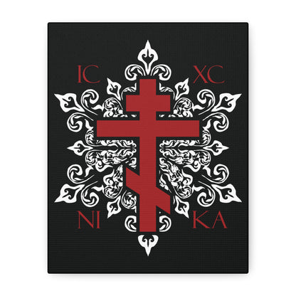 ICXC / NIKA Red Orthodox Cross on Ornate White Medieval Floral Design | Exclusive Best-Selling | Orthodox Christian Canvas Art