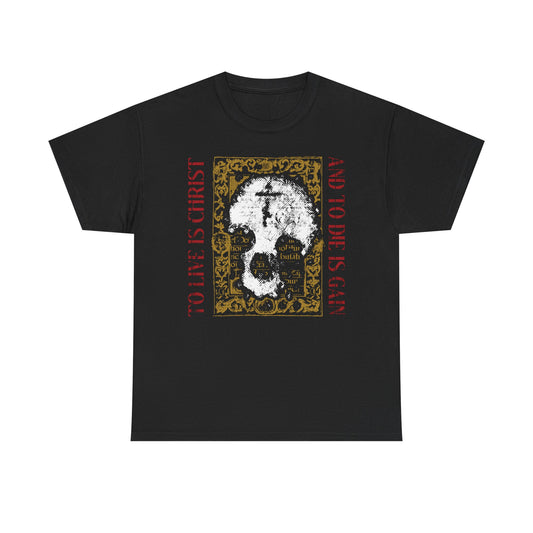 Black t-shirt featuring a skull with cross on gold manuscript texture and red text: “To live is Christ and to die is gain” (Philippians 1:21). Inspired by Orthodox Christianity. Heavy cotton.