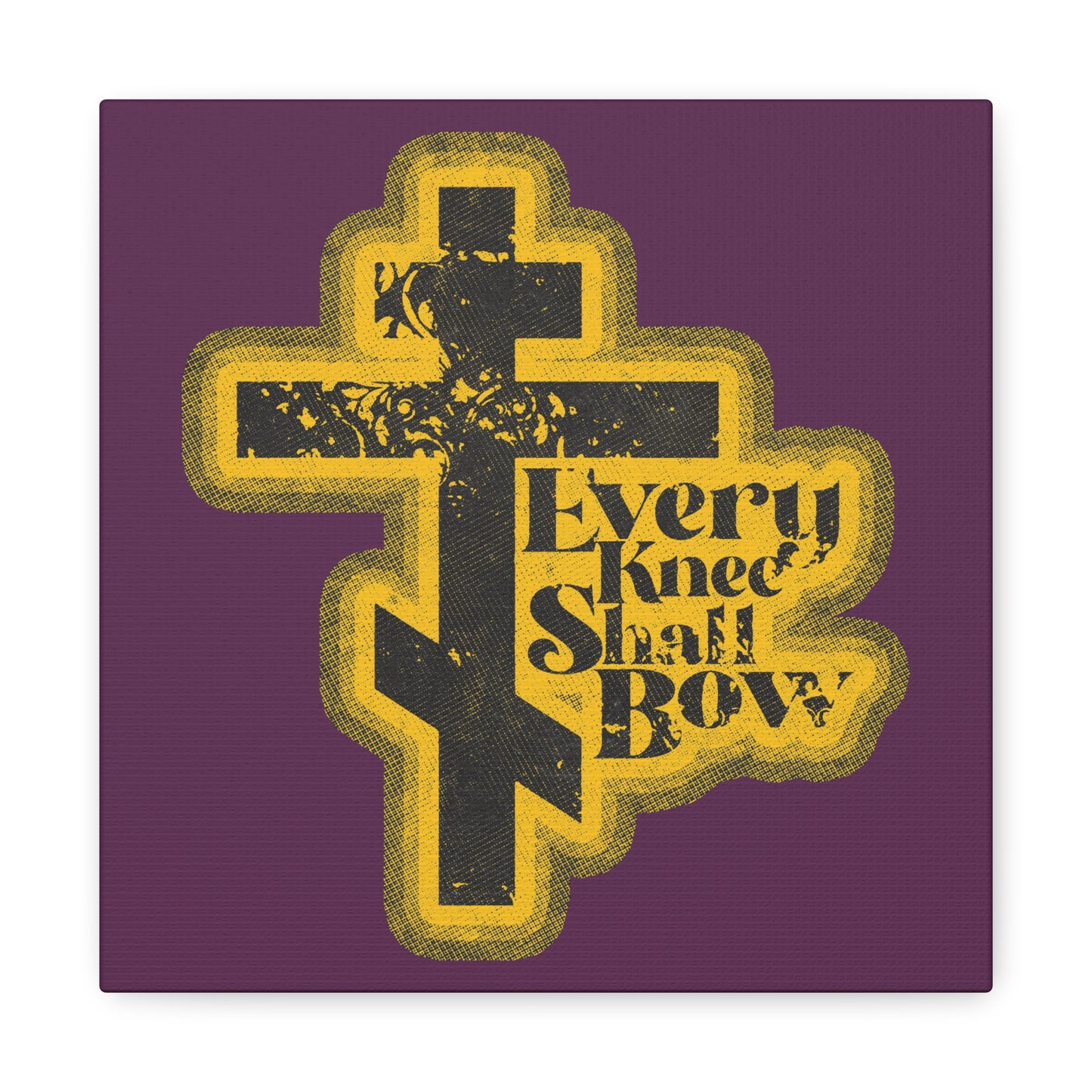 Every Knee Shall Bow | 70s Distressed Halftone Comic Book Aesthetic wall art features Philippians 2:10-11 & Isaiah 45:23 with a black cross, yellow outline, and "Every Knee Shall Bow" on purple—proclaiming Jesus Christ is Lord.