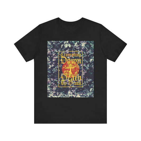 Black lightweight cotton unisex tee featuring a Paschal floral design, Gothic script with the yellow text "Trampling Down Death By Death," and a Three-Bar Cross—an Orthodox-inspired shirt celebrating the enduring faith of Jesus Conqueror.