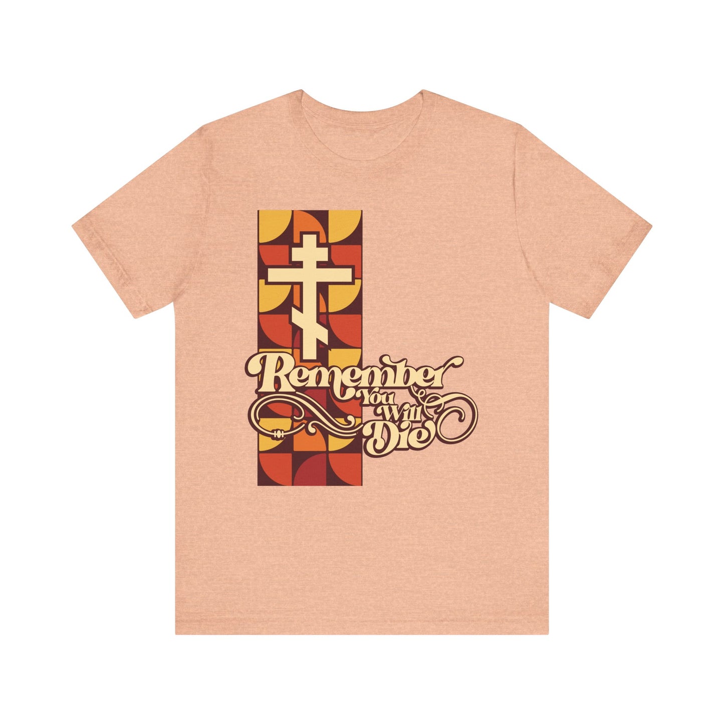 Heather peach tee featuring the "Remember You Will Die" 70's-style design in beige, red, and yellow—Orthodox Christian lightweight unisex cotton shirt inspired by the spirit of Friday Vespers and solemn Stichera for the Dead.