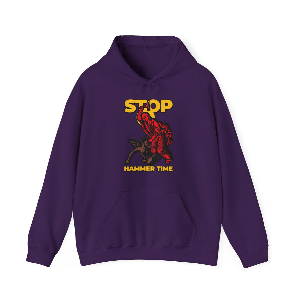 Red, blue, and yellow "St Marina of Antioch Beating the Devil with a Hammer" hoodie featuring "Stop, Hammer Time"—a modern Orthodox meme design perfect for fans of bold Christian figures and unique religious apparel.