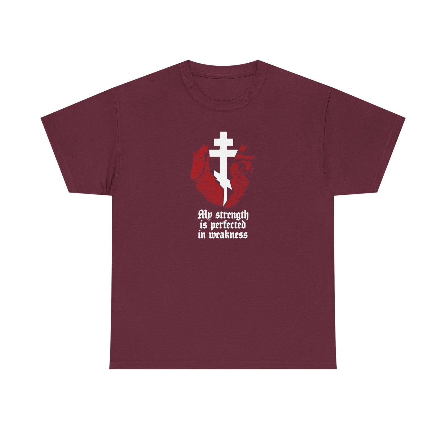 Maroon "My Strength is Perfected in Weakness (2 Corinthians 12:9)" t-shirt featuring a white cross, red broken heart, and gothic text. Orthodox Christian heavy cotton.