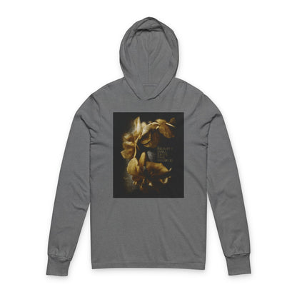 Grey TriBlend hoodie featuring the phrase "Beauty Will Save the World" and a golden-toned floral photo graphic, inspired by Dostoevsky and honoring Jesus Christ, Universal Creator & King. Christian hooded shirt.