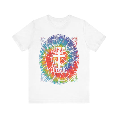 White unisex tee with tie-dyed stained glass window design and Orthodox cross, featuring "Jesus Freak"—inspired by the 70s Jesus Movement and hippie culture.