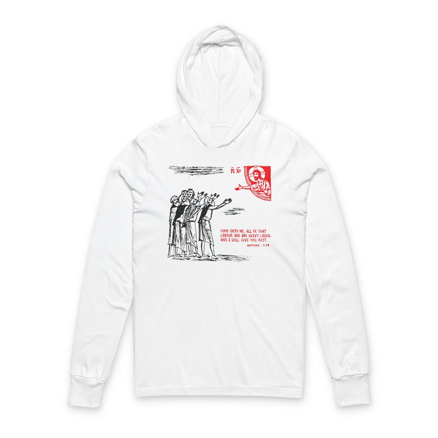 White Orthodox hooded long sleeve cotton shirt featuring the "Come Unto Me All Ye That Labour & Are Heavy Laden (Matt. 11:28)" icono-graphic drawing in black and red on the chest.
