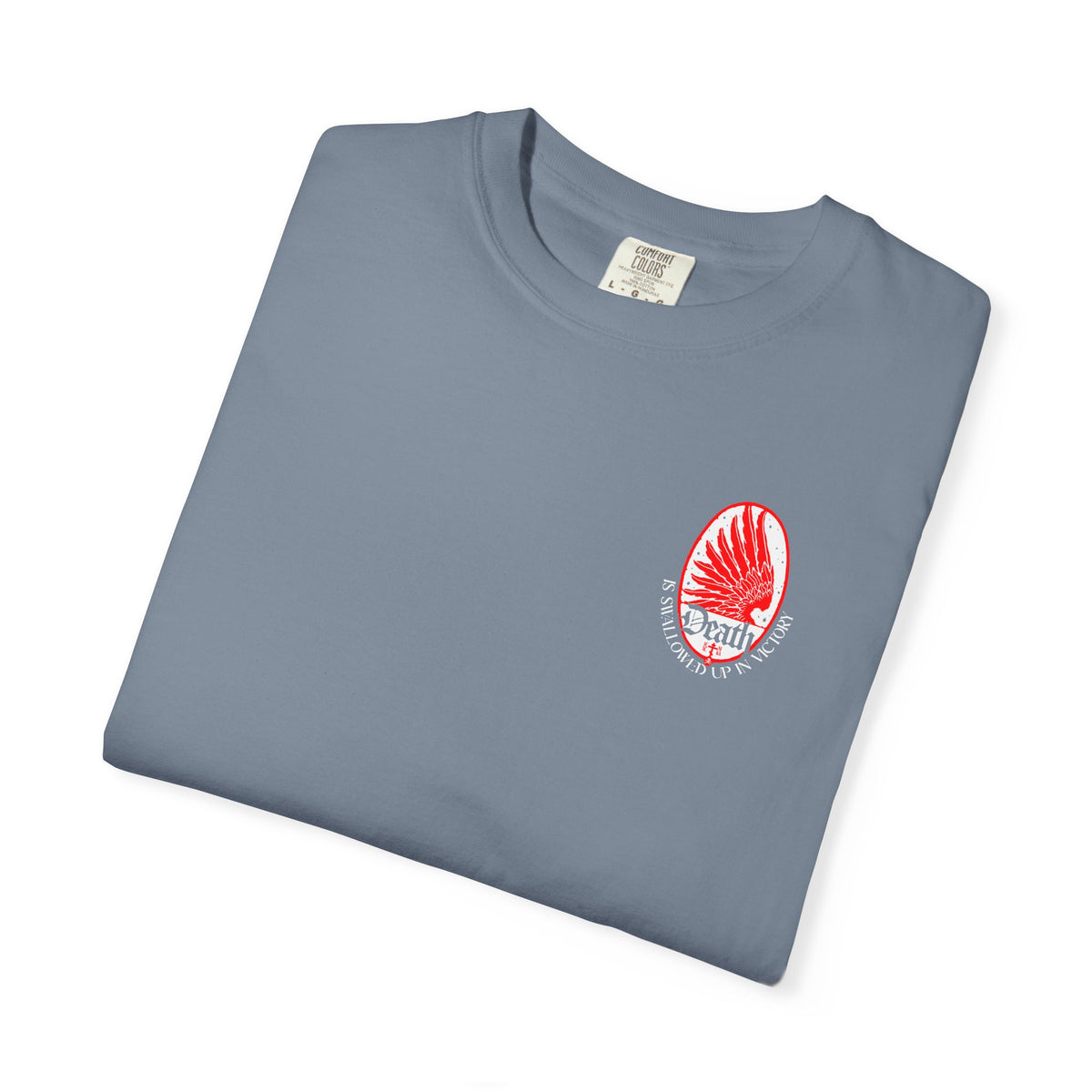 Folded grey Death is Swallowed Up In Victory T-Shirt with a red eagle wing graphic and text about immortality.