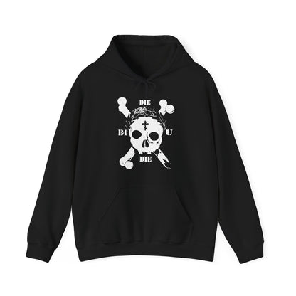 The "Die Before You Die | Retro Skull & Crossbones | Orthodox Cross | Laurel Victory Wreath | Memento Mori | Ascetic Christian Hoodie" features a bold white skull and crossbones, Orthodox cross, and laurel wreath—a tribute to Matthew 16:24-25.