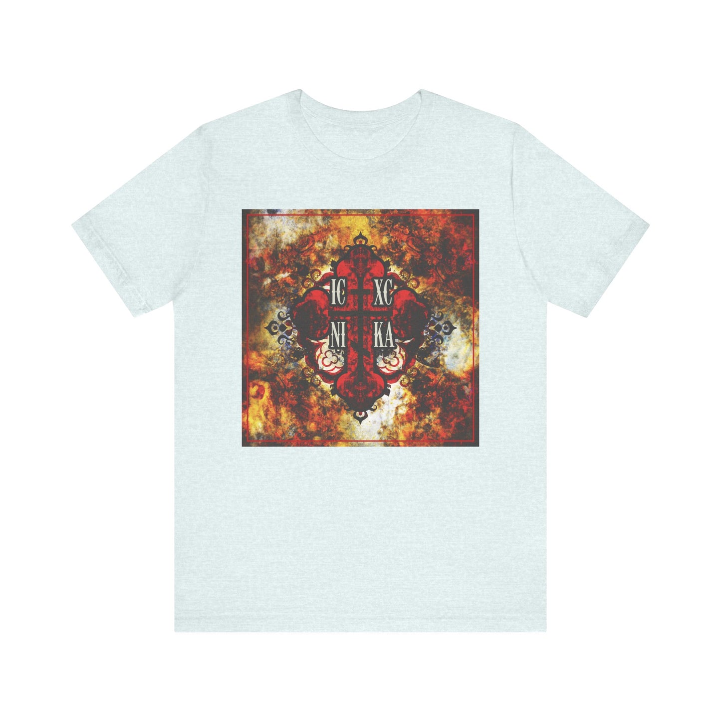 Wearing the ICXC NIKA Bold Colorful Textured Red Orthodox Cross Christian Lightweight Cotton Unisex Tee in heather ice blue, featuring a striking red ornate cross and Cyrillic lettering on a vibrant, fiery background, serves as a tribute to St Ambrose of Optina—reminding you to keep Jesus in your heart even when faced with unclean thoughts.