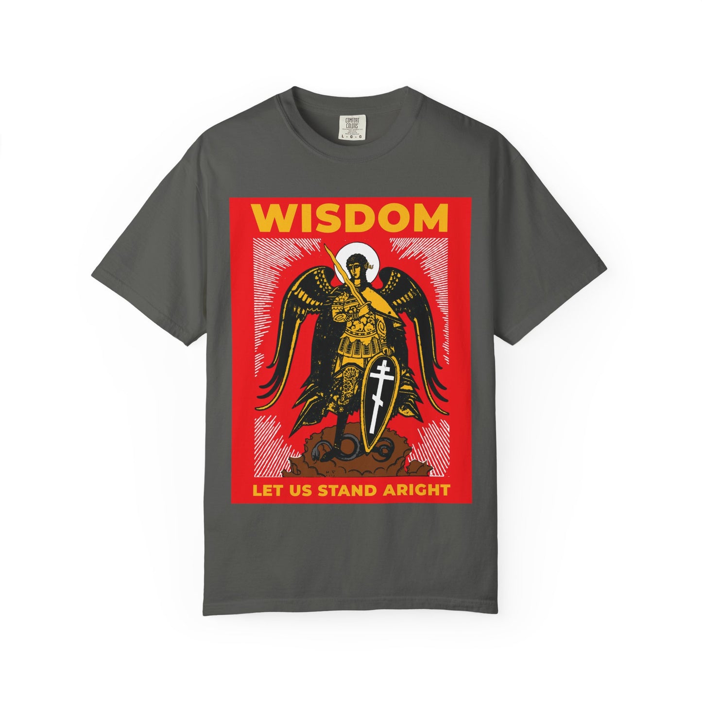 Pepper-colored heavyweight cotton tee with Russian illustration of Archangel Michael (shield & sword), inspired by Revelation 12, and featuring the words "WISDOM" and "LET US STAND ARIGHT." Orthodox unisex fit.