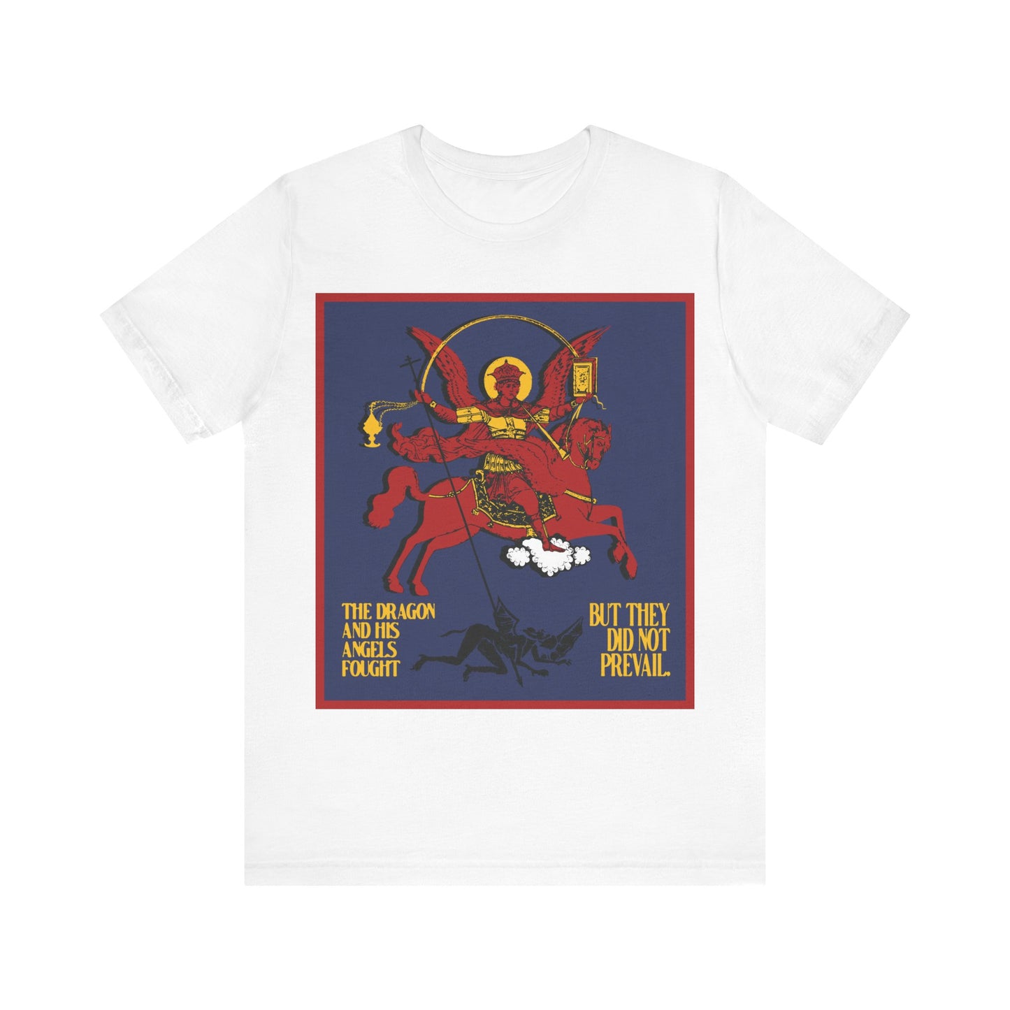 Archangel Michael of the Apocalypse IconoGraphic (Revelation 12:7-8) | Red Angel and Horse on Blue Background | Orthodox Christian T-Shirt