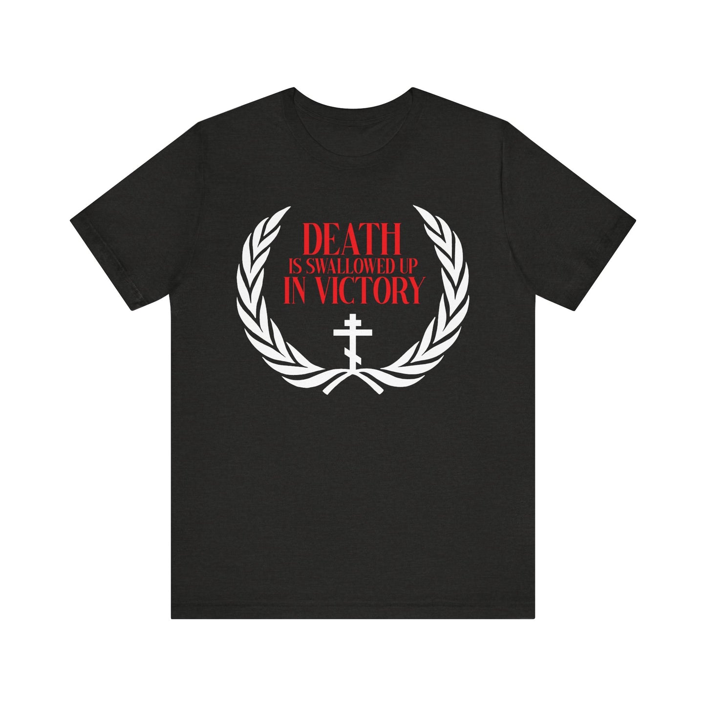The "Death is Swallowed Up In Victory" (1 Cor 15:54) Black Heather T-Shirt features an Orthodox cross, laurel wreath, and red-and-white text—a bold Christian statement of triumph over death. Lightweight cotton for comfort.