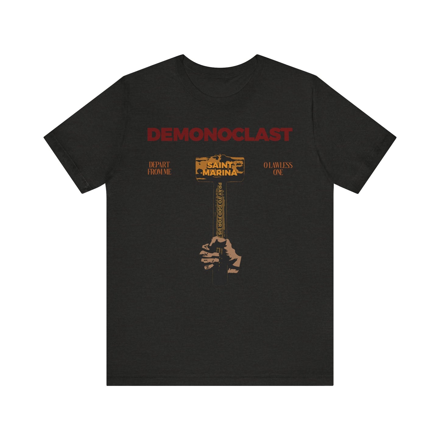 Black Heather tee: DEMONOCLAST, NIKA fist, and St. Marina on a hammerhead, inspired by the Great Martyr Marina—Unseen Warfare & Christ Conquers. Lightweight cotton unisex fit.