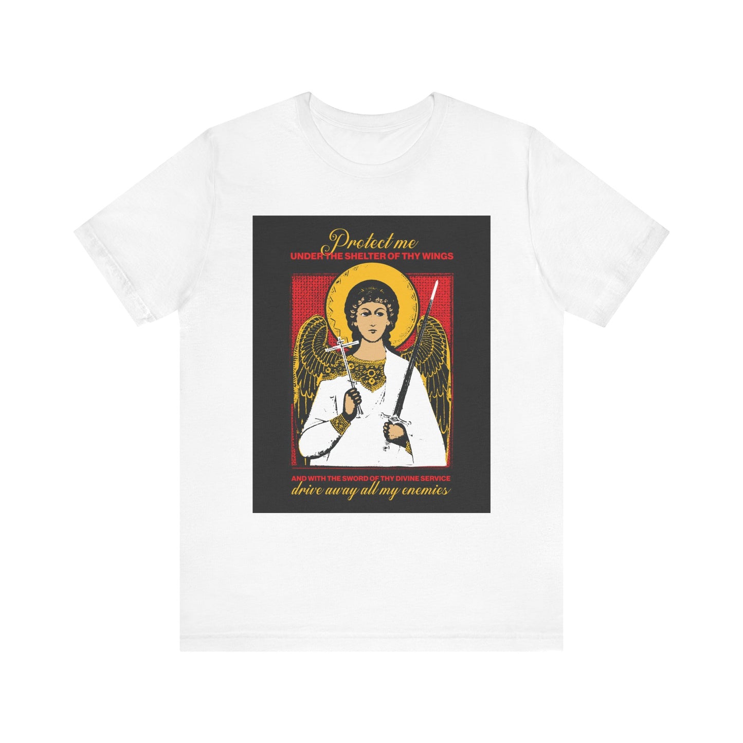 White lightweight cotton unisex t-shirt featuring a Holy Guardian Angel holding a sword and cross icono-graphic, with the protection prayer "Drive Away My Enemies" for divine protection.