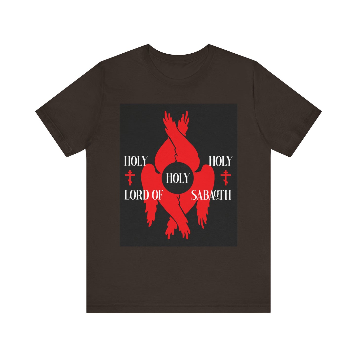 Brown T-shirt with red seraphim wings, Orthodox crosses, and white "HOLY HOLY HOLY LORD OF SABAOTH" text, inspired by Isaiah 6:3 and the Divine Council. Lightweight cotton unisex style.