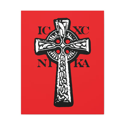 The ICXC NIKA Celtic Knotwork Cross wall art features a black and white cross on a bold red background, symbolizing Christ's victory and salvation, with traditional Greek letters IC XC NI KA for Orthodox Christian inspiration.